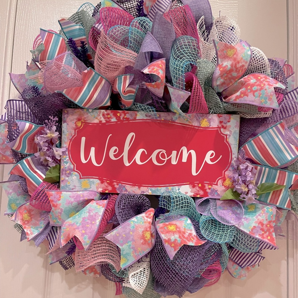 “Welcome” wreath - happy colorful 24” super full wreath! Very luxe ribbons!